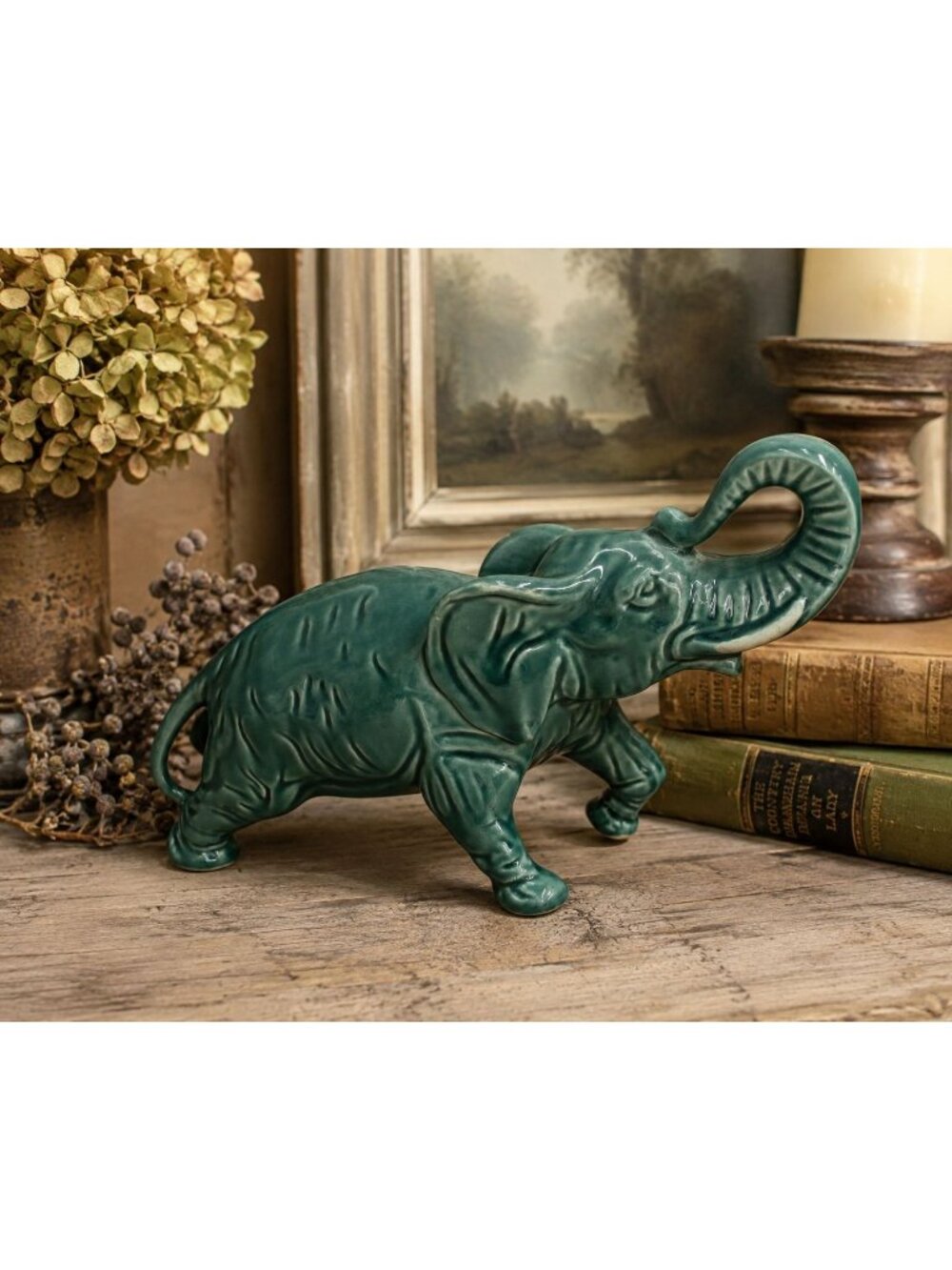 Vintage Glossy Celedon Green Ceramic Elephant Figurine With Trunk Up Good Luck